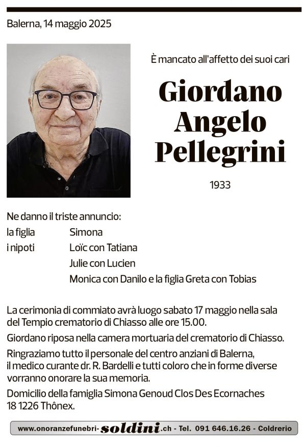 Annuncio funebre Giordano Angelo Pellegrini