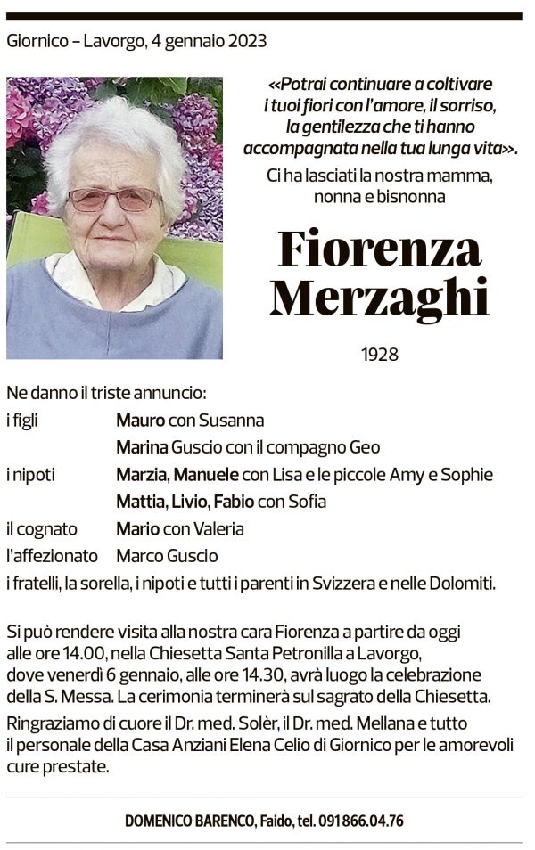 Annuncio funebre Fiorenza Merzaghi