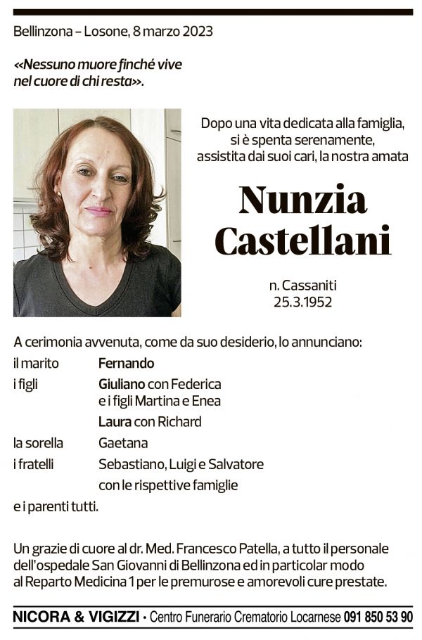 Annuncio funebre Nunzia Castellani