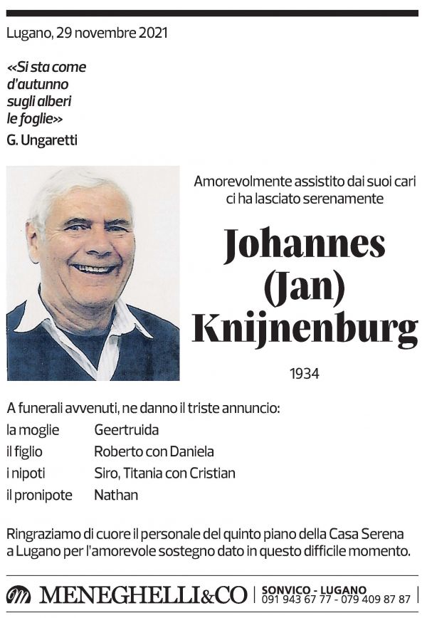 Annuncio funebre Johannes (jan) Knijnenburg