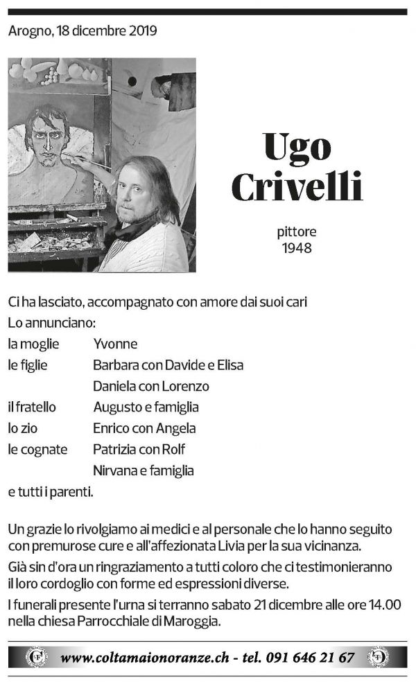 Annuncio funebre Ugo Crivelli