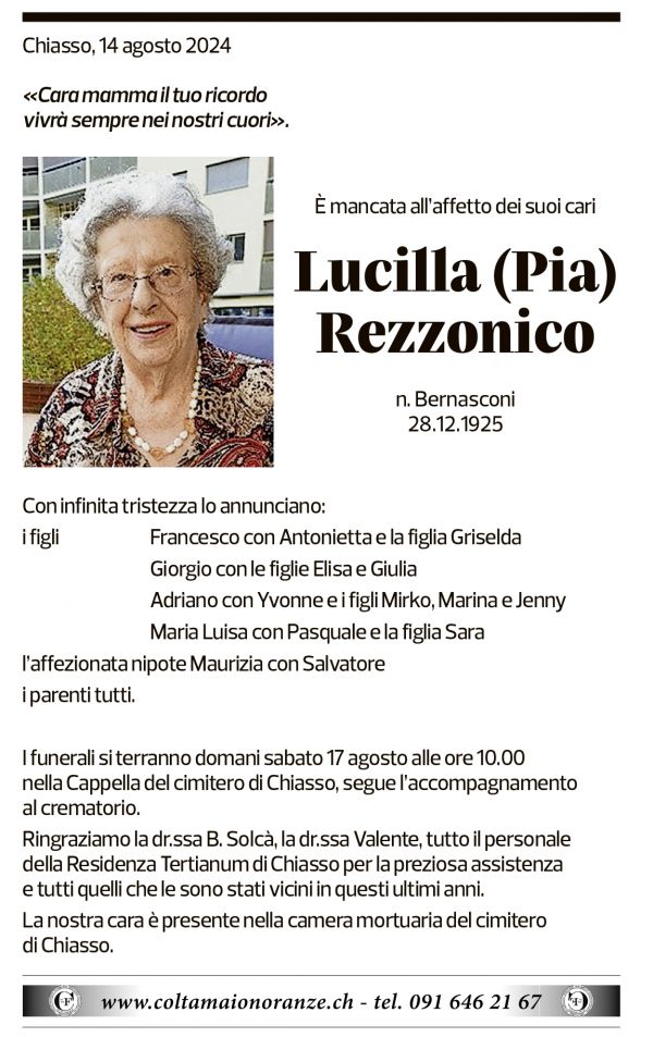 Annuncio funebre Lucilla Rezzonico