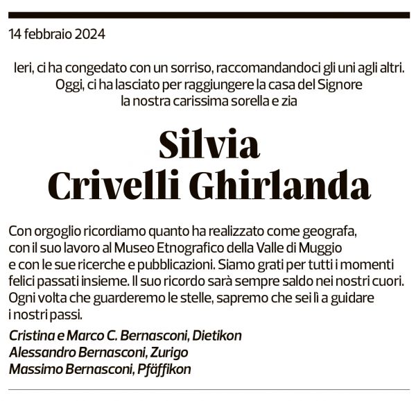 Annuncio funebre Silvia Crivelli