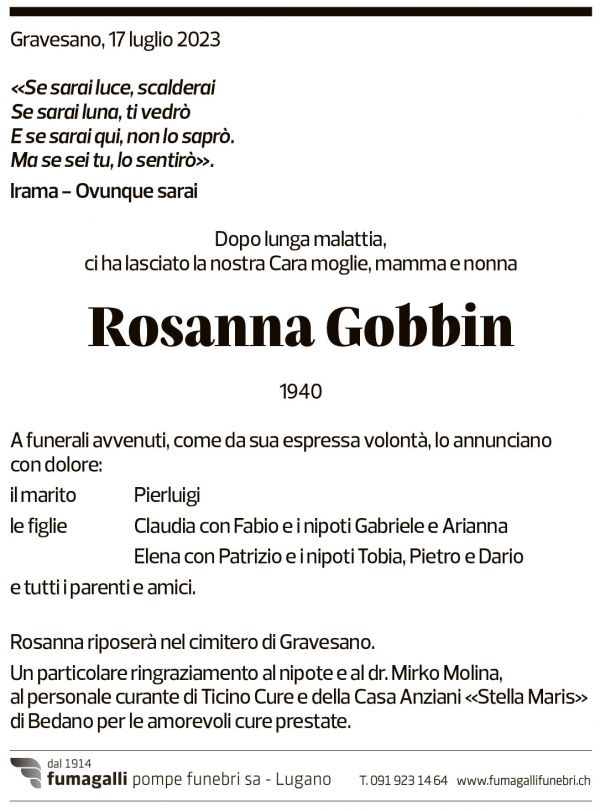 Annuncio funebre Rosanna Gobbin