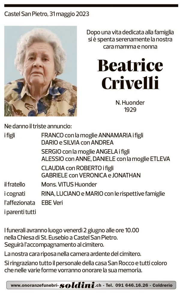 Annuncio funebre Beatrice Crivelli