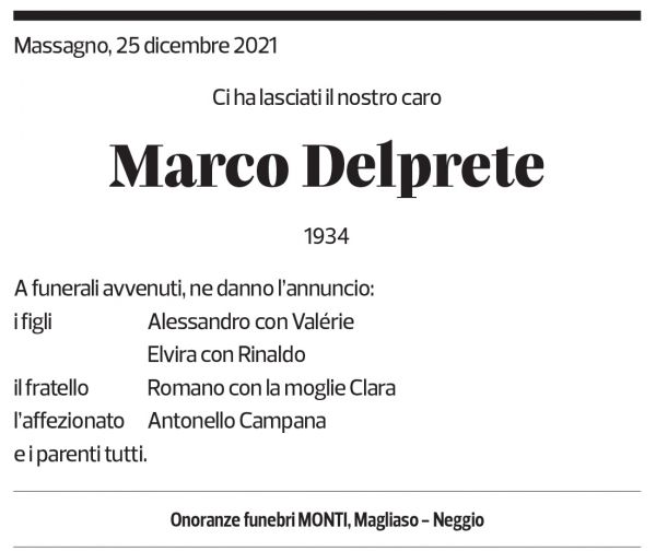 Annuncio funebre Marco Delprete