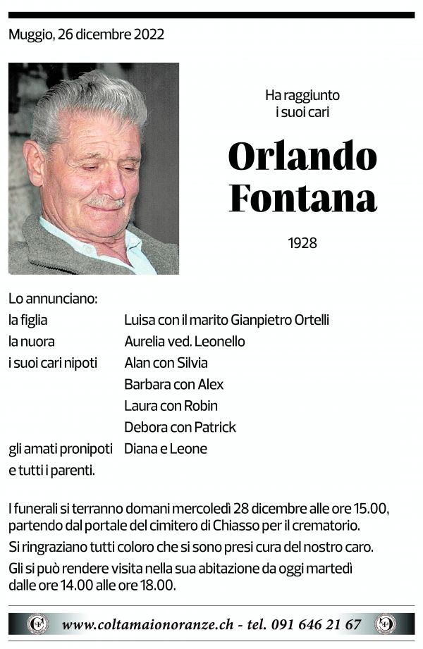 Annuncio funebre Orlando Fontana