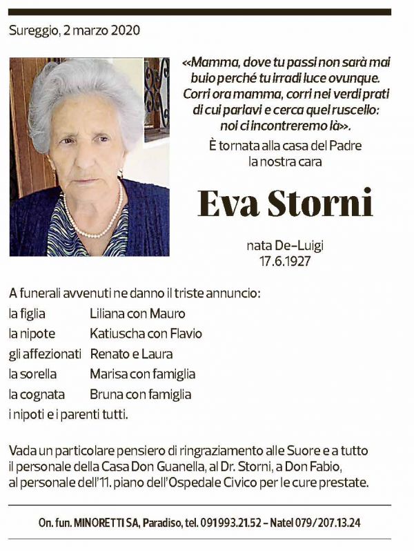 Annuncio funebre Eva Storni