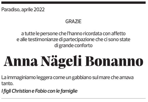 Annuncio funebre Anna Nägeli Bonanno