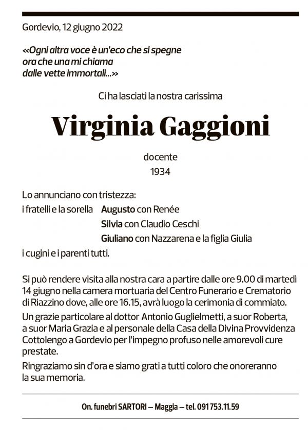 Annuncio funebre Virginia Gaggioni