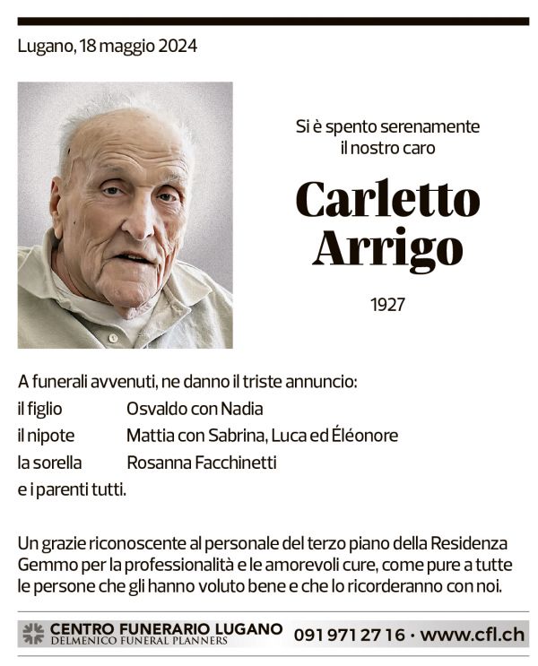 Annuncio funebre Carletto Arrigo