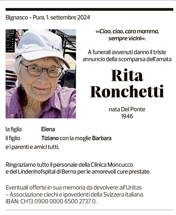 Annuncio funebre Rita Ronchetti