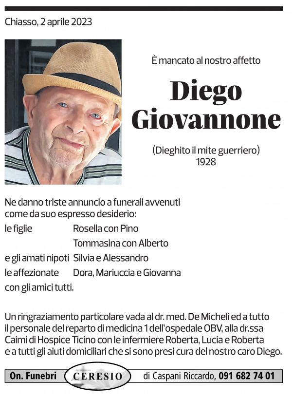 Annuncio funebre Diego Giovannone