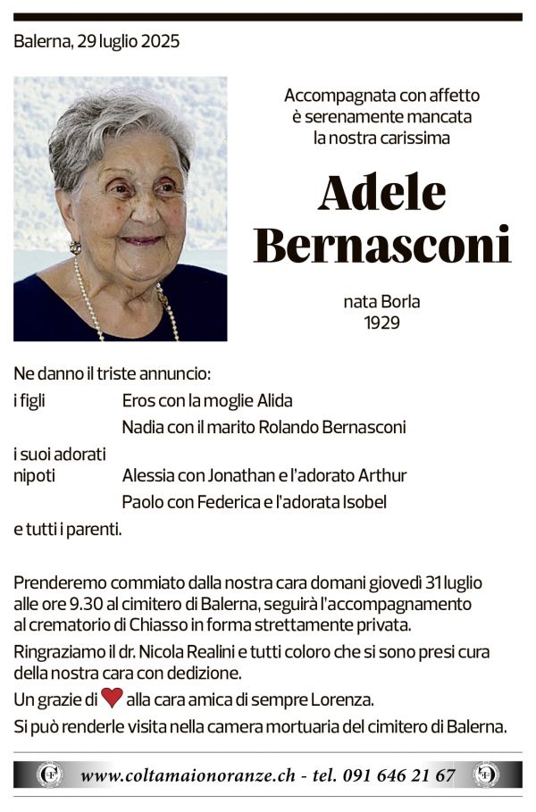 Annuncio funebre Adele Bernasconi