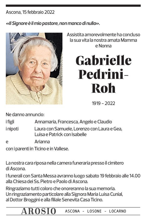 Annuncio funebre Gabrielle Pedrini-roh