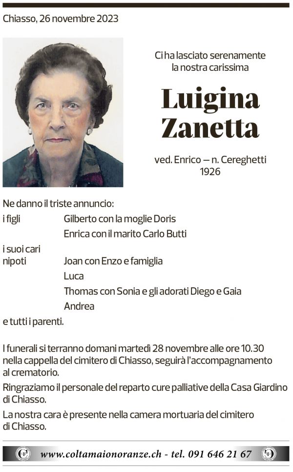 Annuncio funebre Luigina Zanetta