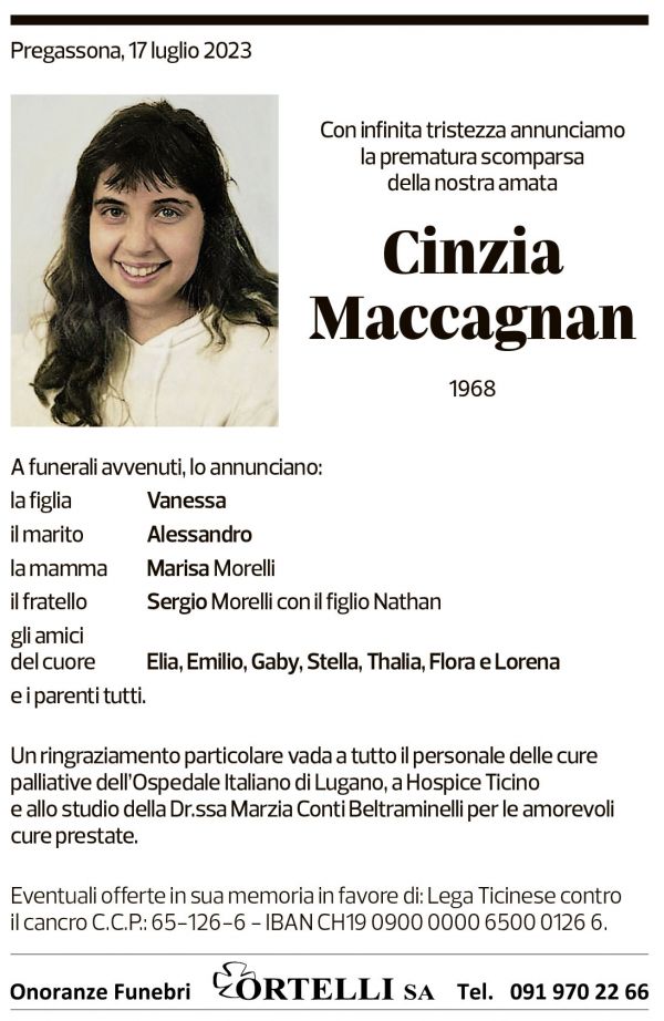 Annuncio funebre Cinzia Maccagnan