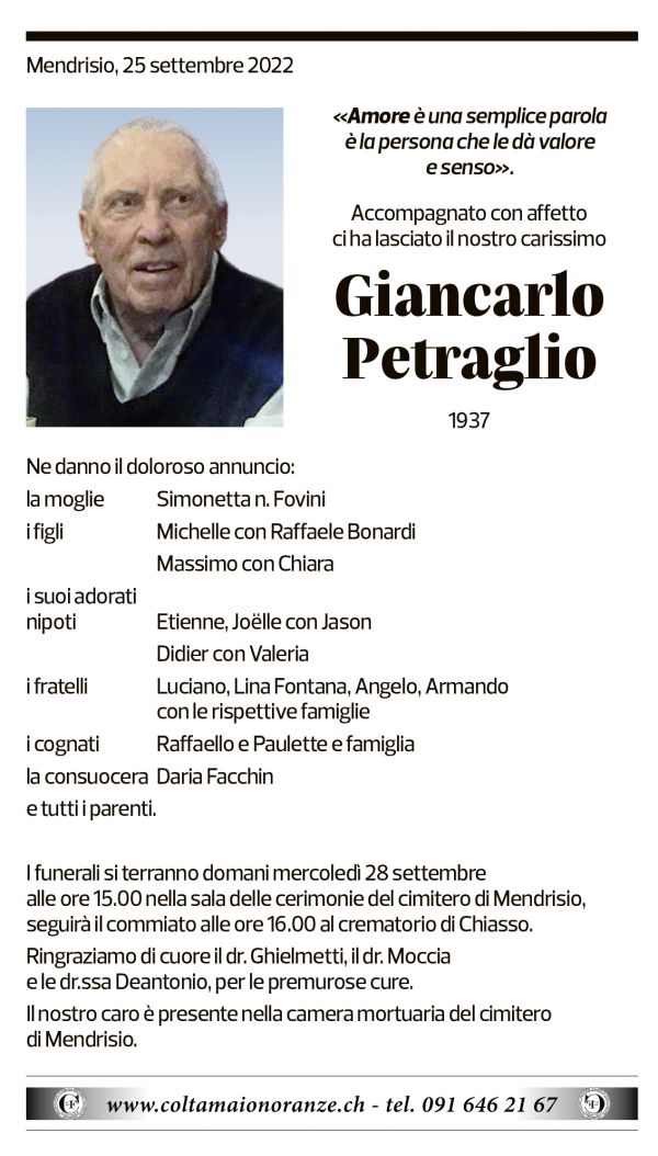 Annuncio funebre Giancarlo Petraglio