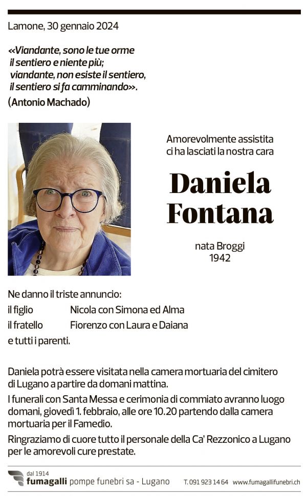 Annuncio funebre Daniela Fontana