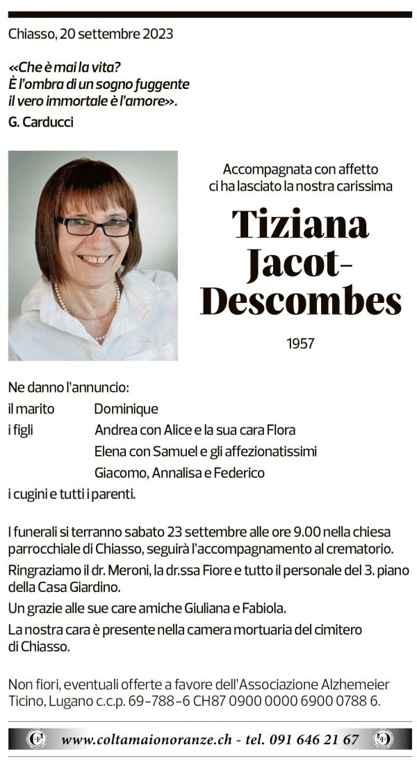 Annuncio funebre Tiziana Jacot-descombes