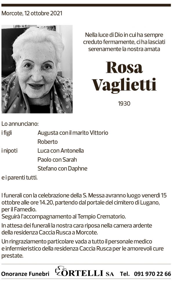 Annuncio funebre Rosa Vaglietti