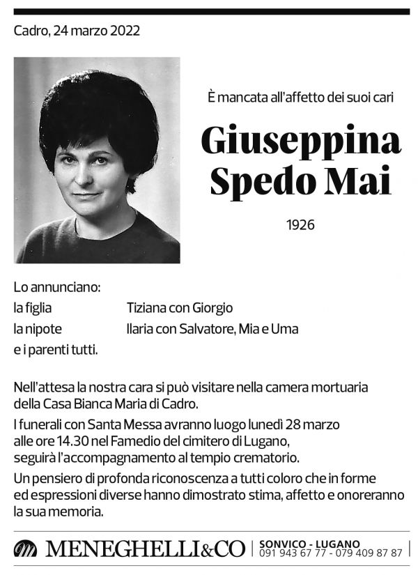 Annuncio funebre Giuseppina Spedo Mai