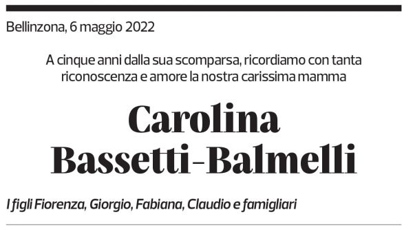 Annuncio funebre Carolina Bassetti-balmelli