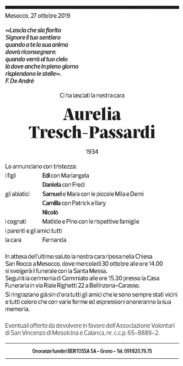 Annuncio funebre Aurelia Tresch-passardi