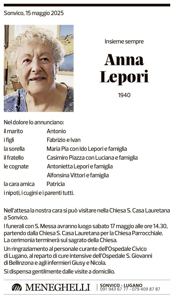 Annuncio funebre Anna Lepori
