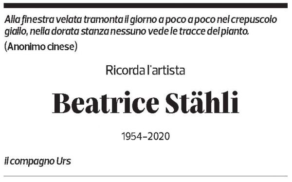Annuncio funebre Beatrice Stähli