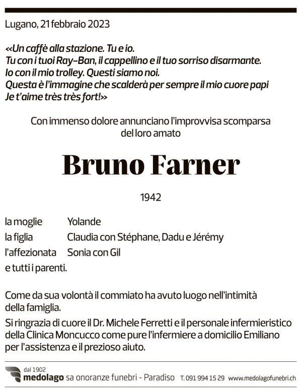 Annuncio funebre Bruno Farner