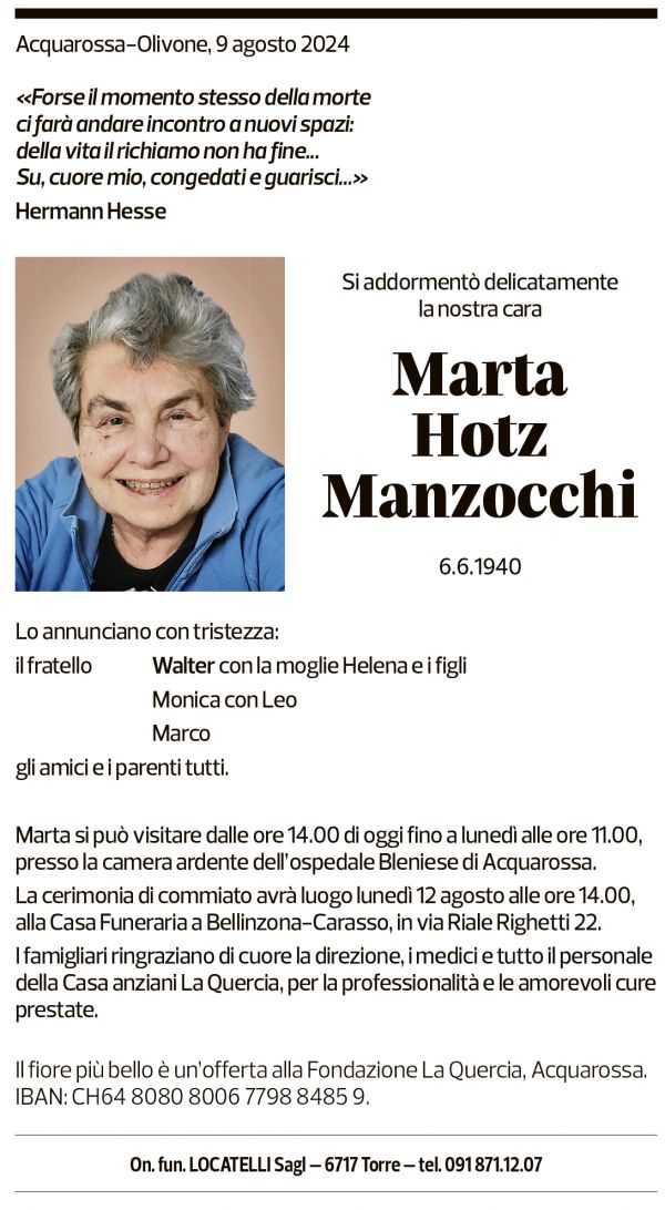 Annuncio funebre Marta Hotz Manzocchi