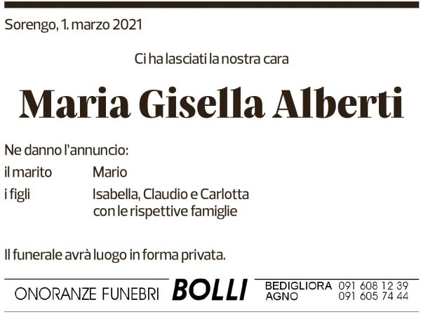 Annuncio funebre Maria Gisella Alberti