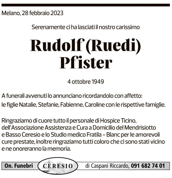 Annuncio funebre Rudolf Pfister