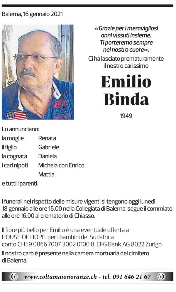 Annuncio funebre Emilio Binda