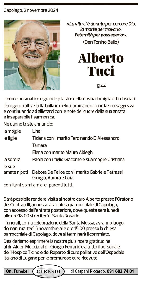 Annuncio funebre Alberto Tuci