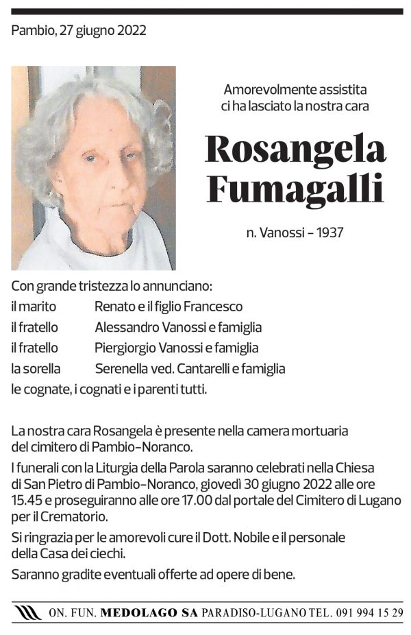 Annuncio funebre Rosangela Fumagalli