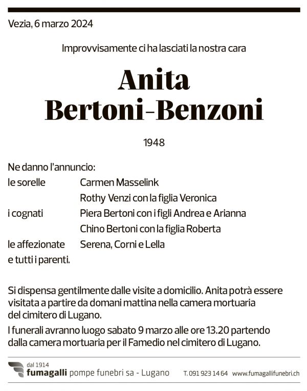 Annuncio funebre Anita Bertoni-benzoni