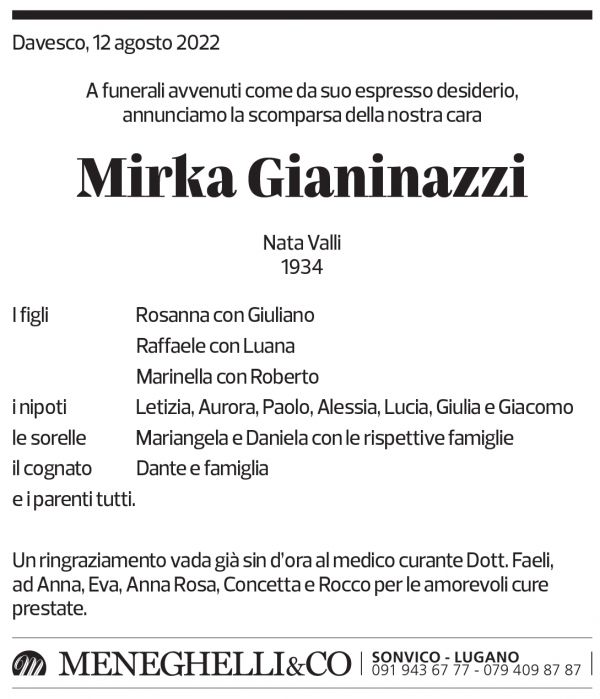 Annuncio funebre Mirka Gianinazzi