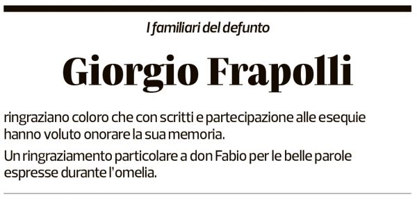 Annuncio funebre Giorgio Frapolli