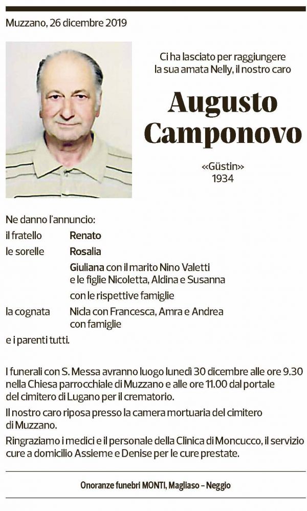 Annuncio funebre Augusto Camponovo