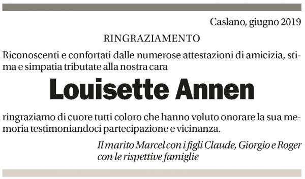 Annuncio funebre Louisette Annen