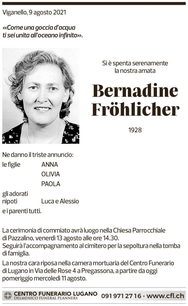 Annuncio funebre Bernadine Fröhlicher