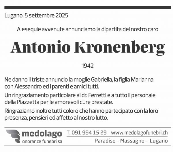 Annuncio funebre Antonio Kronenberg