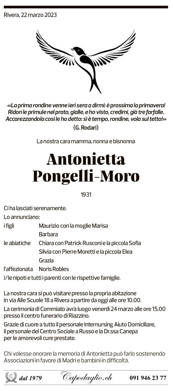 Annuncio funebre Antonietta Pongelli-moro