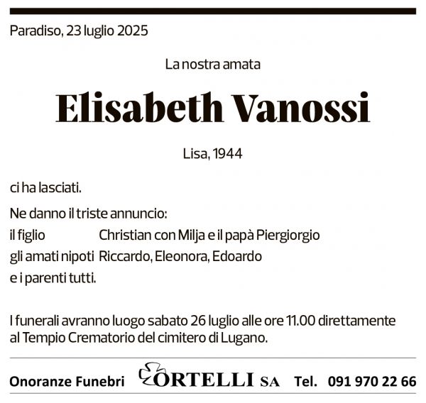 Annuncio funebre Elisabeth Vanossi