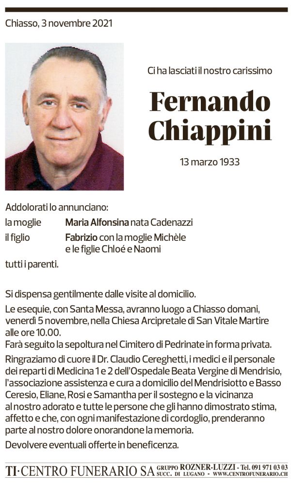 Annuncio funebre Fernando Chiappini