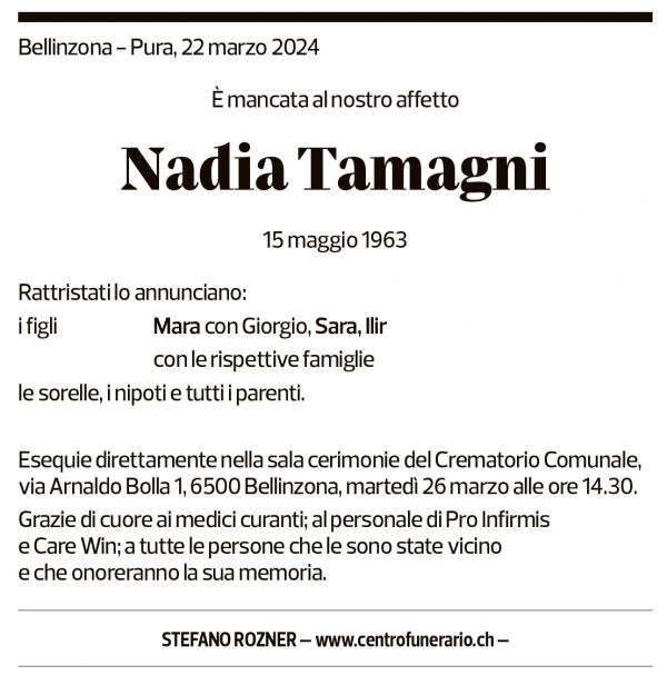 Annuncio funebre Nadia Tamagni