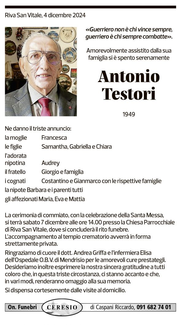 Annuncio funebre Antonio Testori