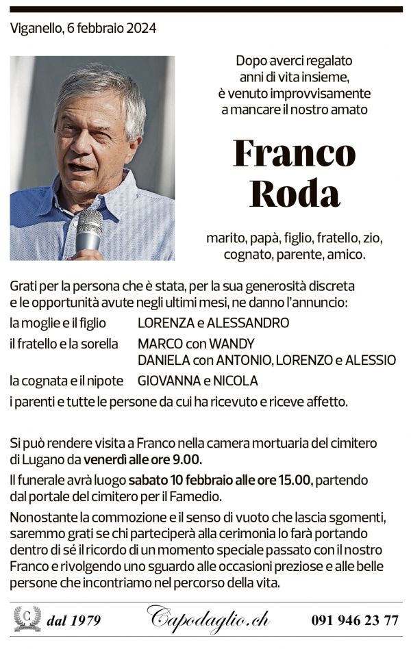 Annuncio funebre Franco Roda